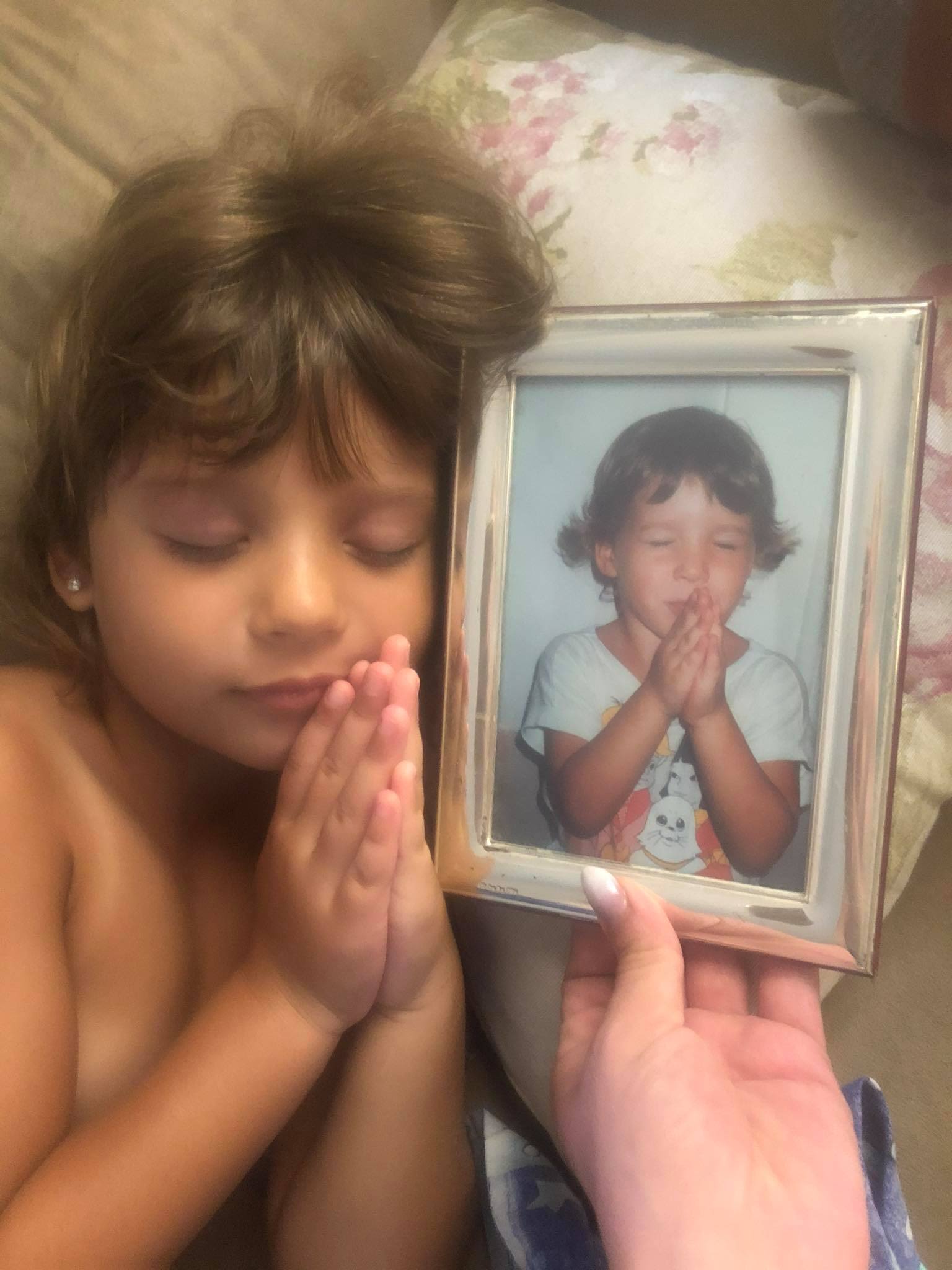 Therese's younger daughter next to a photo of Therese at a similar age.